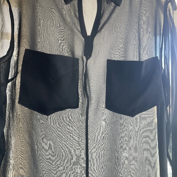 NWOT REFORMATION Sheer Mesh Black Long-Sleeve Top with Pockets and Collar M/L - Picture 2 of 4